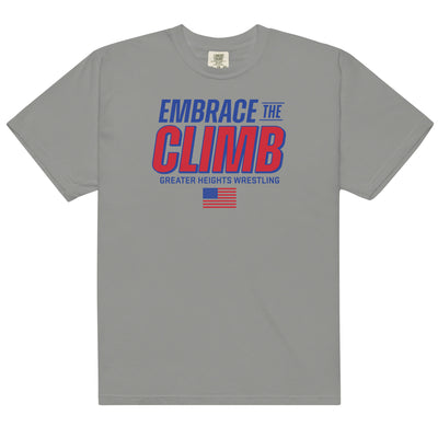 Greater Heights Wrestling Embrace the Climb 3 Mens Garment-Dyed Heavyweight T-Shirt