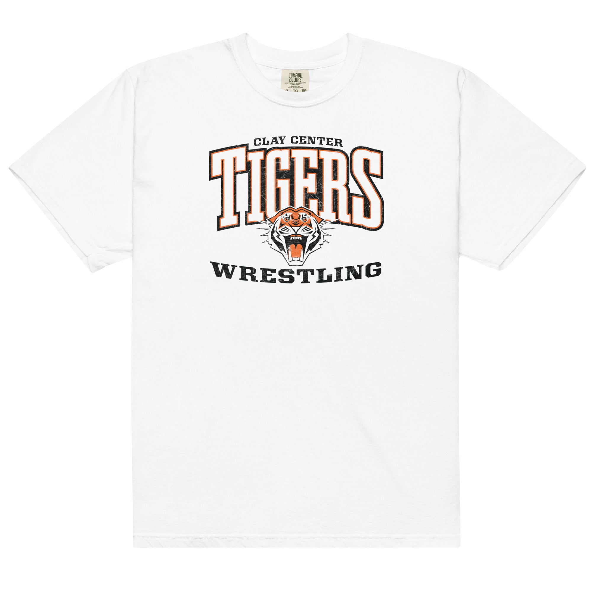 Clay Center Community HS Wrestling White Mens Garment-Dyed Heavyweight T-Shirt