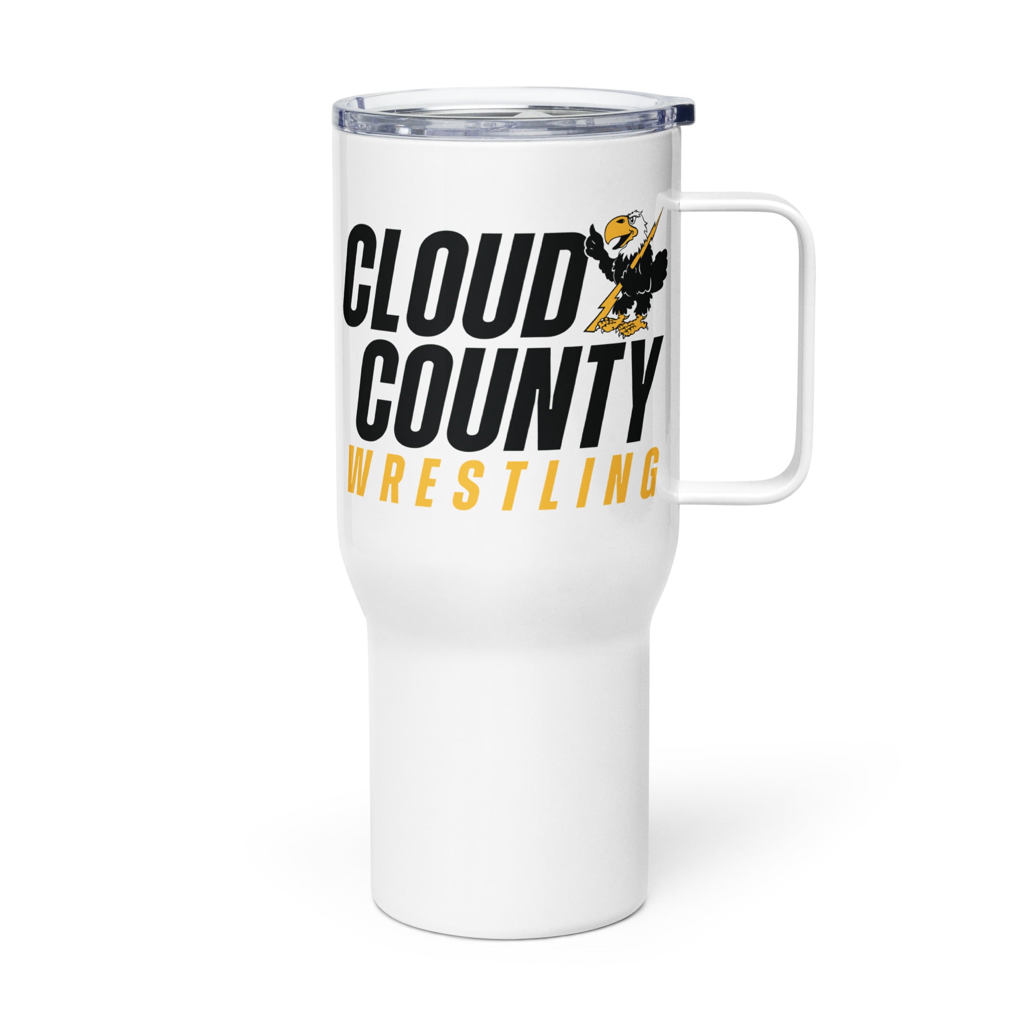 Cloud County CC Wrestling Travel mug with a handle