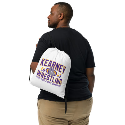 Kearney Wrestling Girls State Champs White All-Over Print Drawstring Bag