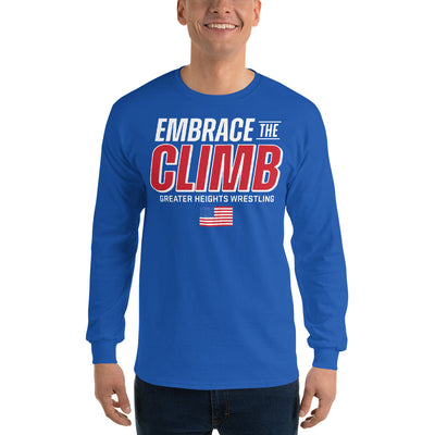 Greater Heights Wrestling Embrace the Climb 3 Mens Long Sleeve Shirt