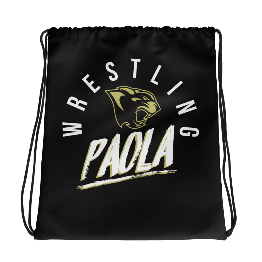 Paola Wrestling All Over Print Black Drawstring Bag