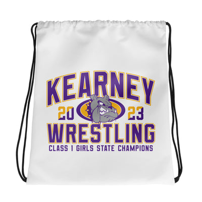 Kearney Wrestling Girls State Champs White All-Over Print Drawstring Bag