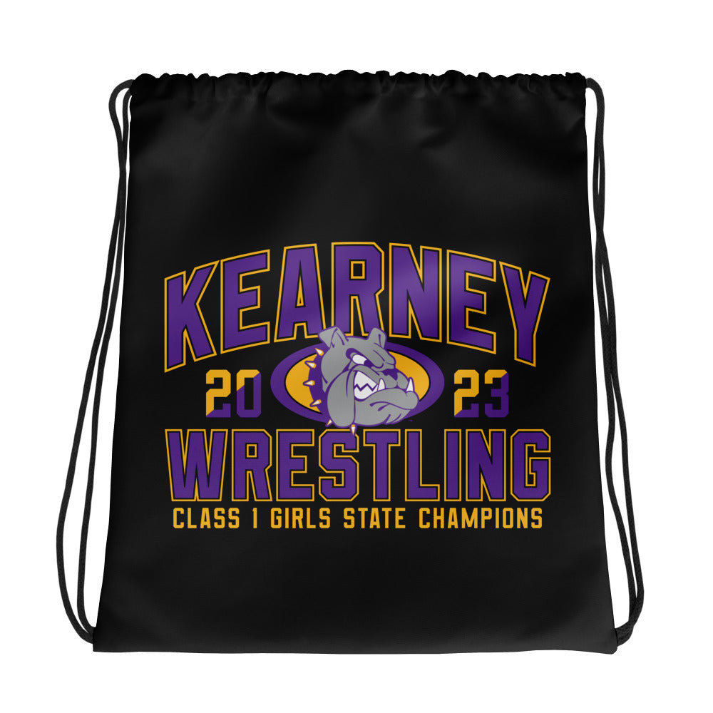 Kearney Wrestling Girls State Champs Black  All-Over Print Drawstring Bag