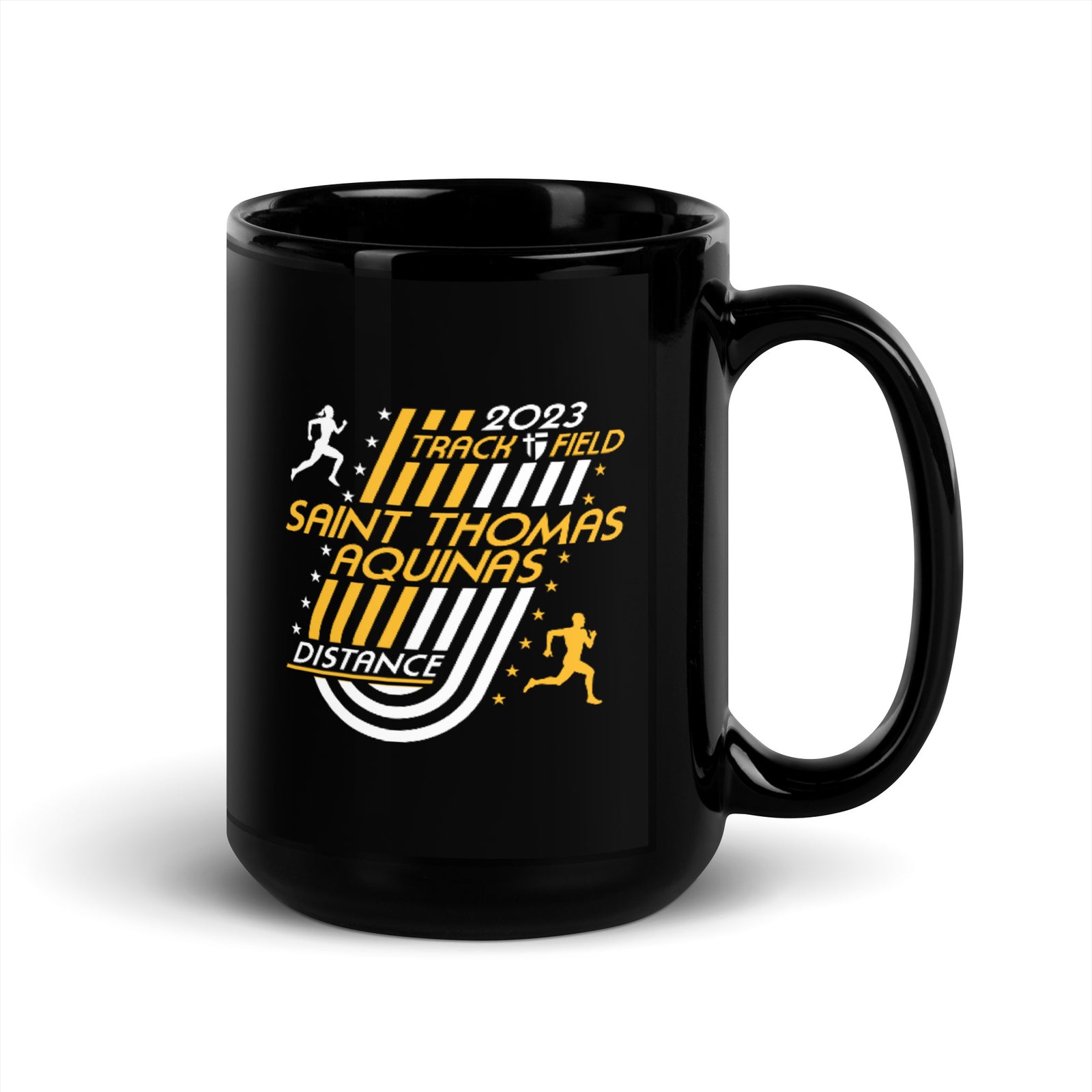 Saint Thomas Aquinas Track & Field Distance Black Glossy Mug