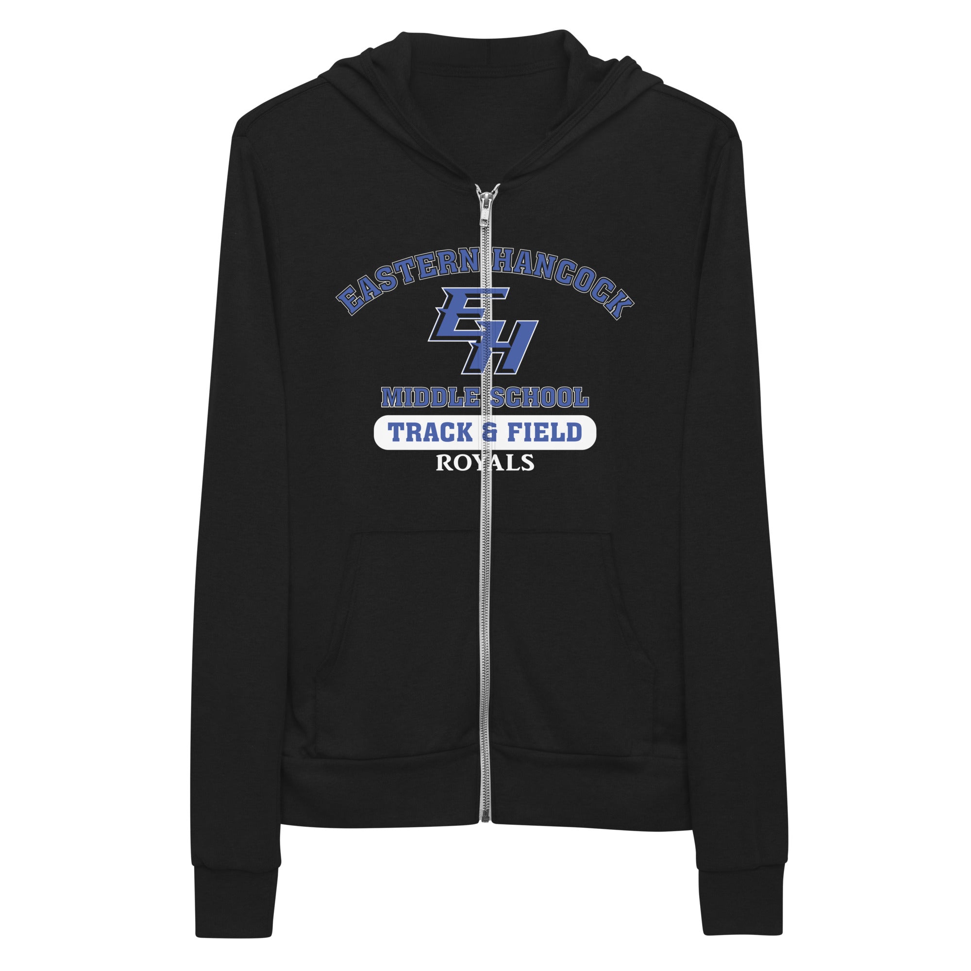 Eastern Hancock MS Track Royals on Black  Unisex Lightweight Zip Hoodie